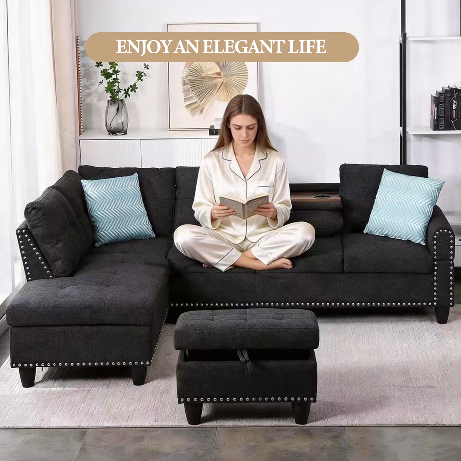 Dreamzie Flippable Backrest Sectional Sofa Set, L-Shaped Linen Modular Sectional Couches for Living Room, Apartment, Storage Ottoman,Charcoal Grey
