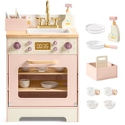 Robud Wooden Dishwasher Playset for Kids - Pretend Kitchen Sink with Faucet, Turning Knobs, Dish Rack & Tableware for Toddler Role Play Toy Ages 3+, Pink