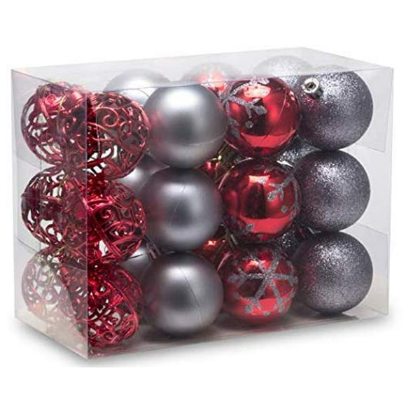 AUXO-FUN 2.36"/60mm shatterproof Christmas Ball Ornaments Tree Decoration Baubles Set of 24 Counts (red & Grey)