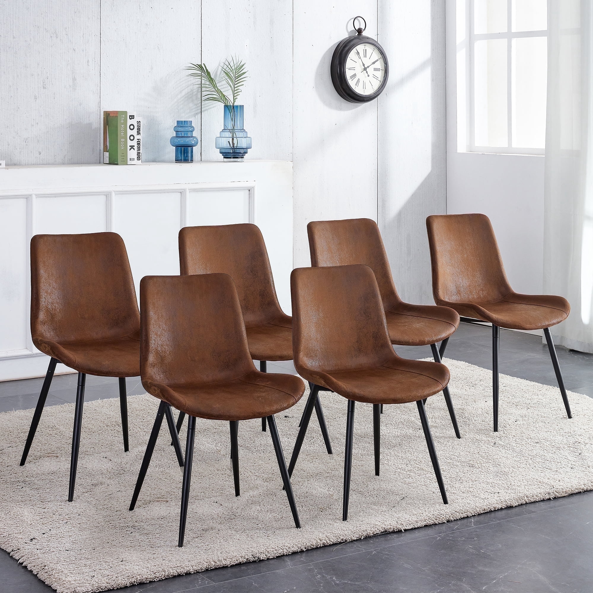 SUDICA Set of 6 Brown Faux Suede Dining Chairs, Upholstered Wide Seat with Black Metal Legs for Dining Room and Kitchen