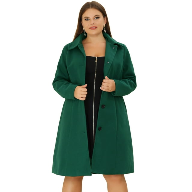 GRACE & GRANDEUR Manteau Long pour Femme Grande Taille, Caban Long à Simple Boutonnage avec Ceinture Vert 3X