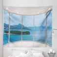 thumbnail image 1 of Landscape Tapestry, Seascape Beach Seaside Hills Trees View from Window Picture Tropical Panorama, Fabric Wall Hanging Decor for Bedroom Living Room Dorm, 5 Sizes, Blue and White, by Ambesonne, 1 of 1