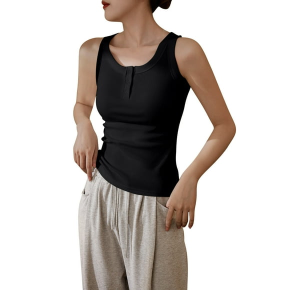 Ohufall Women's 100% Cotton Tank Tops Henley Neck Comfortable Breathable Tank Shirts New Style Fashion Tank Shirts for Daily Wear