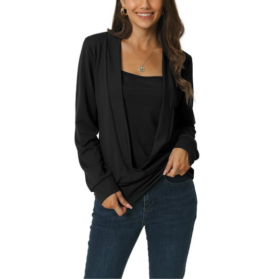 INSPIRE CHIC Women's Fall Winter Long Sleeve Square Neck Solid Color Fake Two-Piece Casual Top S Black