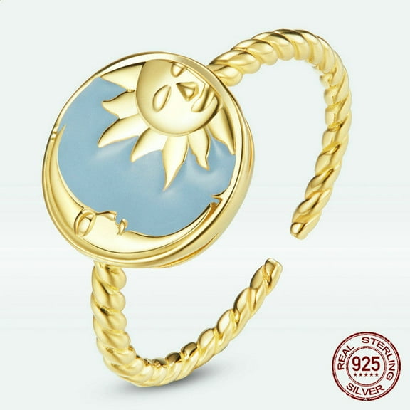 Gold-Plated Sun and Moon Ring with Radiance Thread, European Style Silver Ring, Celestial-Inspired Jewelry for Women