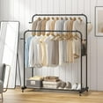 thumbnail image 3 of Double Rods Garment Rack with Wheels, Clothing Rack for Hanging Clothes,4 Hooks, Multi-functional Bedroom Clothes Rack, Black, 3 of 9