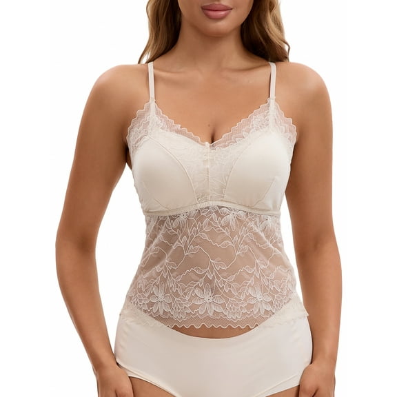 INSPIRE CHIC Women's Lace Mesh Back Open Adjustable Spaghetti Strap Fixed Cup Light and Breathable Camisole M Light Khaki