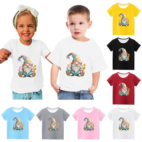 Zwiiyzr Toddler Baby Boys Girls Summer Clothes Trendy Cute Easter Dwarf Print Round Neck Print Short Sleeve Top for 3-14 Years Black