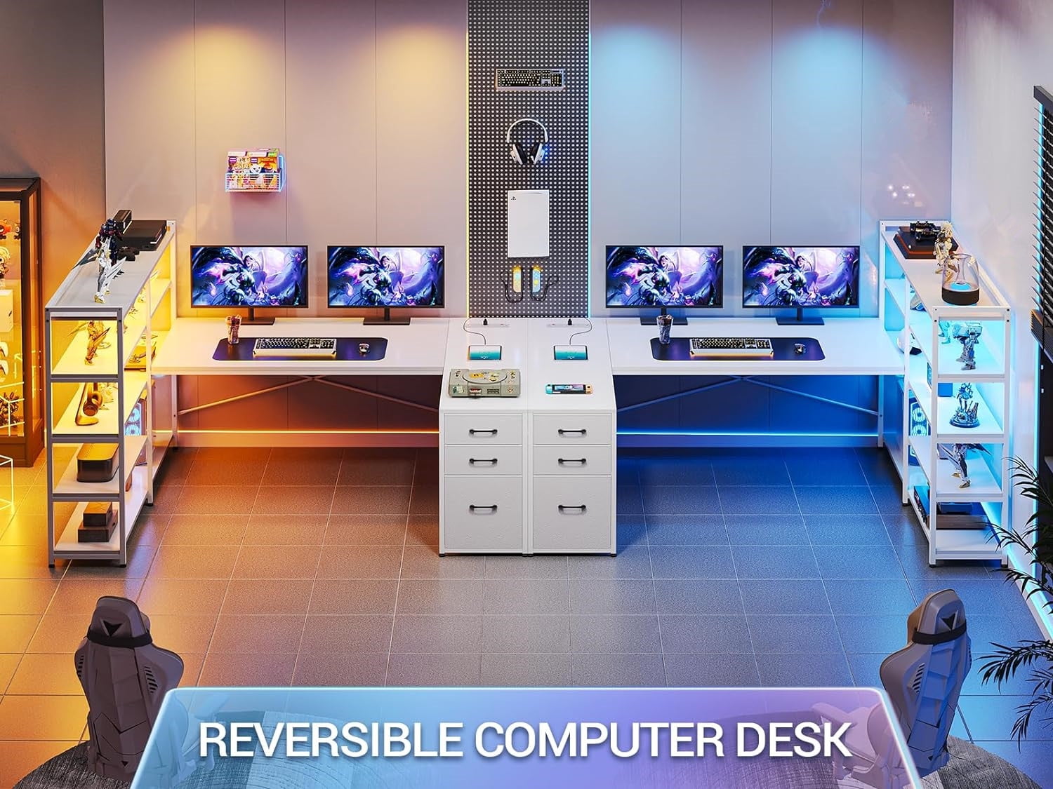 White 64.5" Reversible Office Desk with Fabric File Drawer, Computer Desk with Storage Bookshelf and Drawers, Corner Computer Desk with Power Outlet & LED Strip