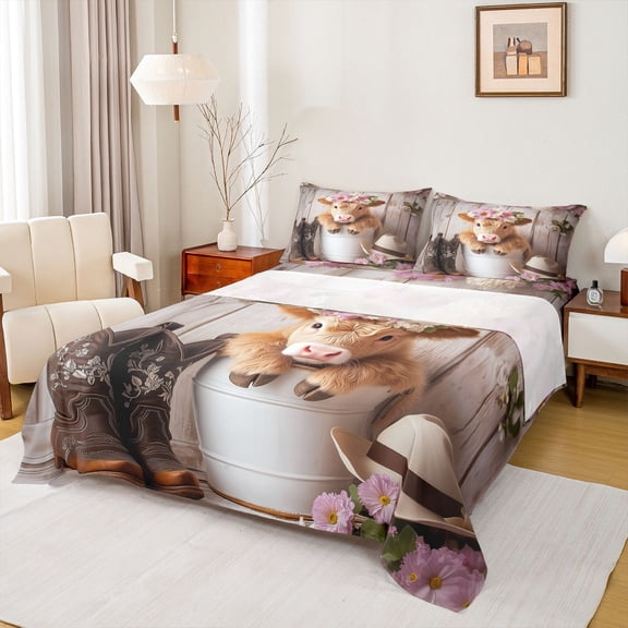 Homewish Bohemain Cowboy Tribal Bed Sheets,Rustic Highland Cattle King Sheets,Kawaii Flower Floral Sheet Set For Girl Boy,Luxury Bedroom Decor,4pcs
