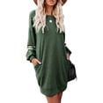 thumbnail image 2 of Mengpipi Women's Sweatshirt Dress Casual Striped Long Sleeve Dress Round Neck Blouses Dress with Pockets, Green-L(US 14-16), 2 of 5