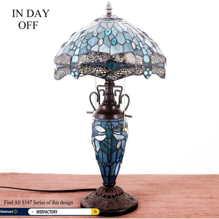 Rustic Tiffany Table Lamp with Nightlight Sea Blue Stained Glass