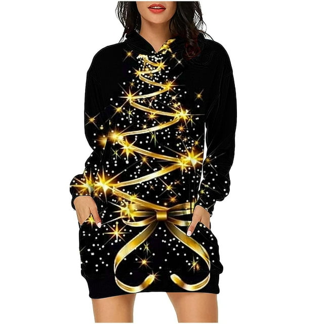 Robe Longue Funicet pour Femmes Été, Robe à Manches Longues, Robe à Capuche à Capuche de Noël pour Femmes Mode Décontractée Imprimée avec Poche, Robe de Noël pour Femmes, Robe à Manches 3/4 pour Femmes