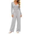 thumbnail image 3 of Women's 2 Piece Lounge Sets Solid Casual Wide Leg Pants Long Sleeve V Neck Top Workout Gym Clothing Comfy, 3 of 7