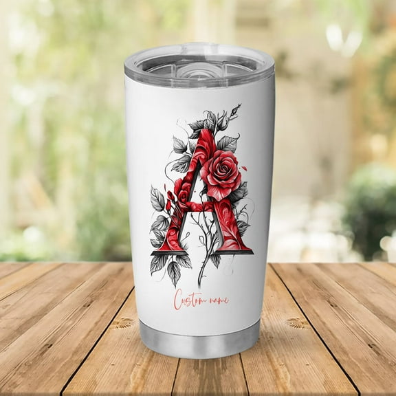 Personalized 20oz Tumbler with Initial 'A' and Elegant Flower Pattern, Stainless Steel Insulated Coffee Mug, Custom Travel Cup for Birthday, Wedding, Bridesmaid