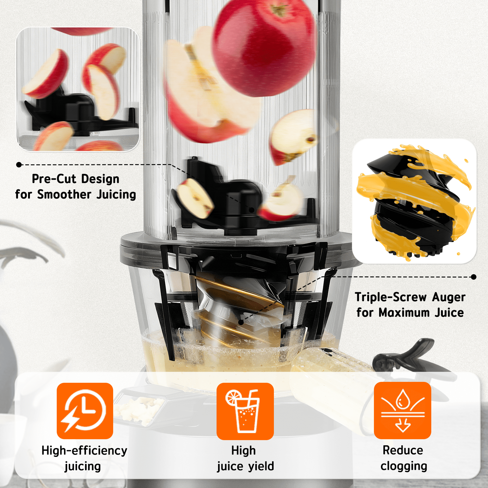 HYSapientia Cold Press Juicer Machines with Fruit Puree & Gelato Function,Slow Masticating Juicer for Fruits & Vegetables, 4-Inch Wide Chute, 1000ml Cup, Easy Clean