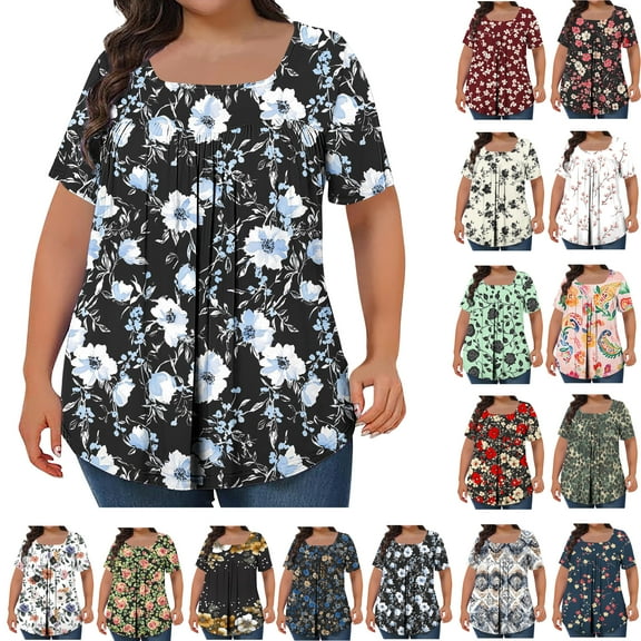 Feancey Plus Size Tunic Tops for Women Floral Short Sleeve Blouses Pleated Casual Beach Vacation Tshirt 2025 Trendy Clothes Multicolor 5XL
