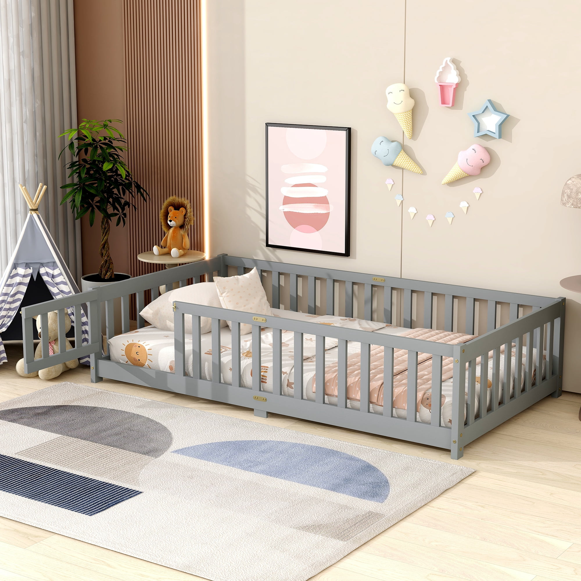 Sailvan Twin Floor Bed with Fence and Door, Solid Rubber Wood Kids Platform Bed Frame Grey
