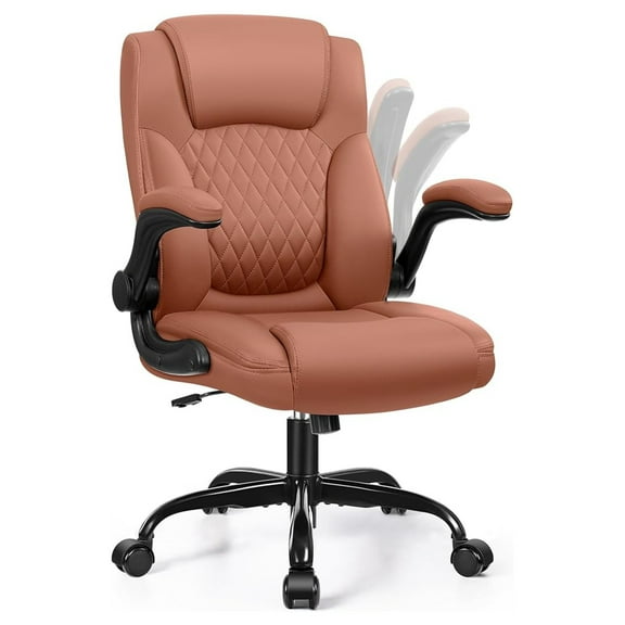 Leather Office Chair, PU Home Computer Desk Chairs with Ergonomic Back Support, 360°Swivel Free，Small Gaming Chair with Wheels and Adjustable Armrests, for Short People Use, Brown