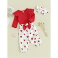 thumbnail image 3 of Bslissey Infant Baby Girls Jumpsuit Outfits Solid Color Long Sleeve Romper + Heart Print Long Pants + Bow Headband 3Pcs Clothes Set for Newborn 3M 6M 9M 12M 18M, 3 of 9