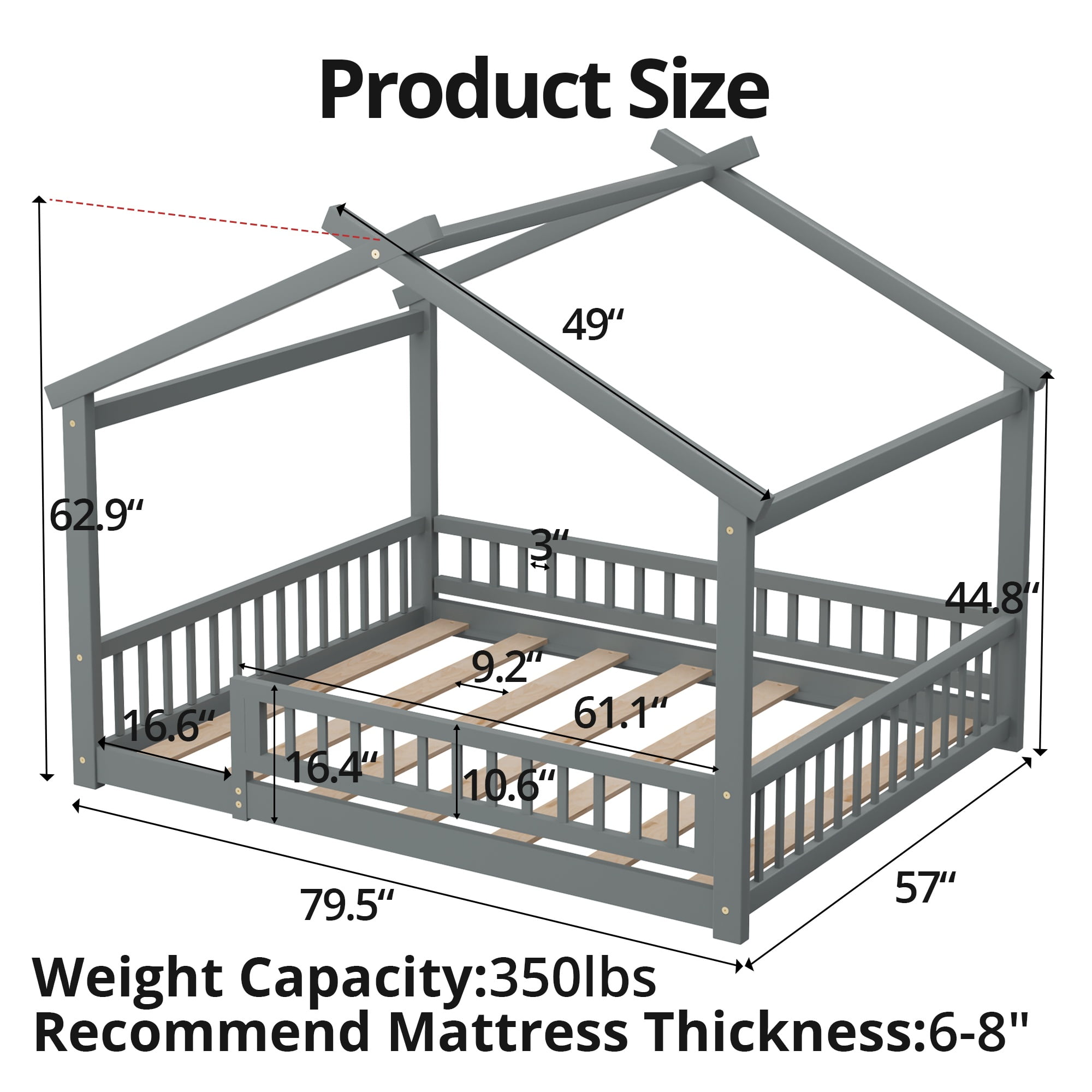Full Floor Bed with Fence, Solid Wood House Bed with Roof, Montessori Bed Frame Playhouse Bed for Girls and Boys Bedroom, Easy Assembly, Gray