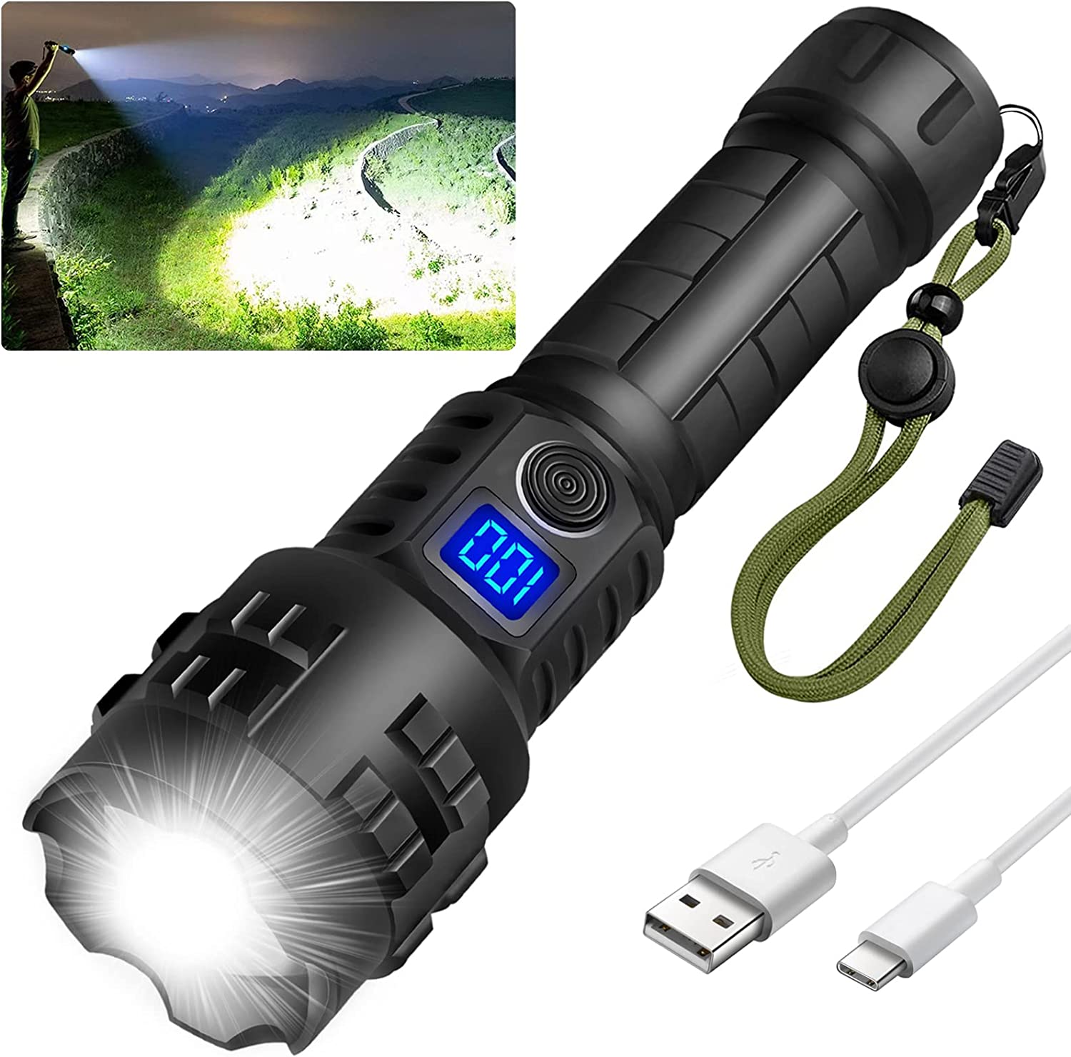 Super Bright Flashlight High Lumens Rechargeable, 100000 Lumen Xhp70.2 Powered Led Flashlights