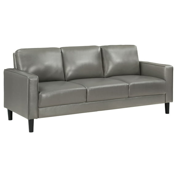 Rumi Sofa, Gray Faux Leather, Modern Track Arms, Foam Cushions, 77 Inch