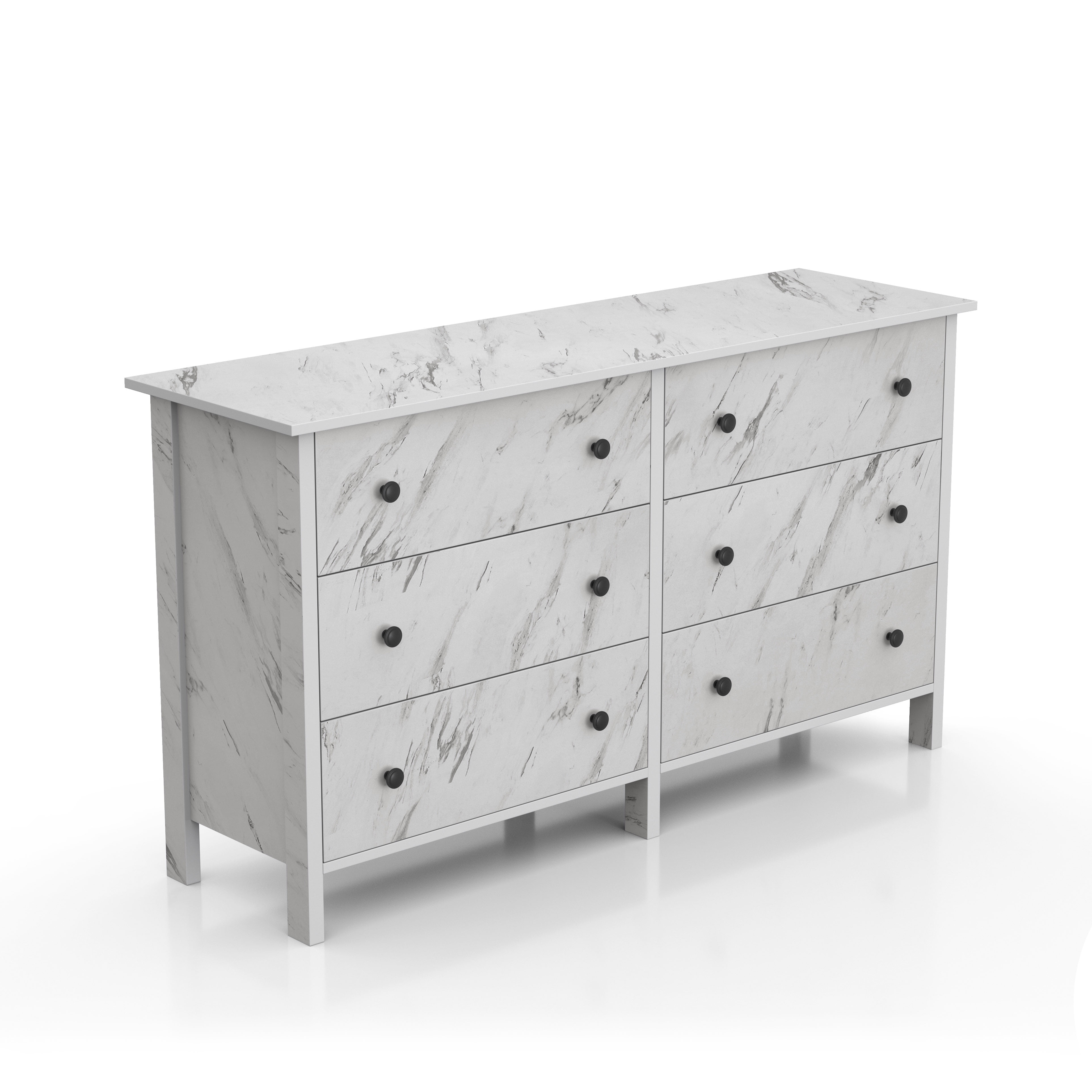 Dora Indoor 6-Drawer Wood White Marble Dresser for Bedroom