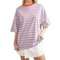 thumbnail image 2 of Hauts de Printemps pour Femmes, T-Shirts Décontractés Basiques à Manches Courtes Rayées, Col Rond, Rose Vif TTG, 2 of 4