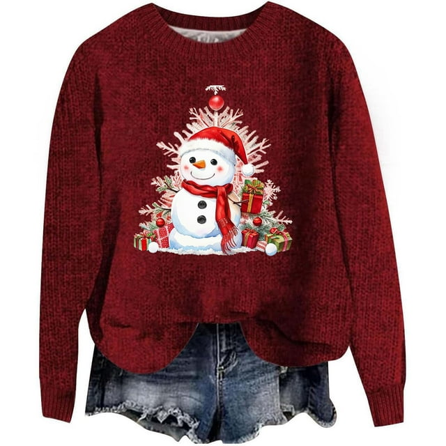 WEAIXIMIUNG Sweatshirts pour Femmes Col Rond Mode Automne/hiver Pull Extérieur Col Rond Imprimé de Noël Pull à Capuche Tricoté Grossier