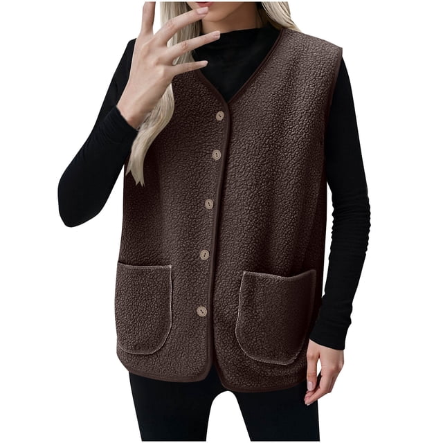 Women Button V Neck Vests Soft Comfy Warm Fuzzy Sleeveless Sweater Cardigan Jacket with Pockets Coffee S