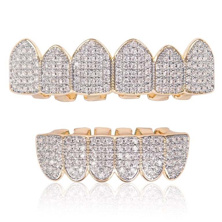Gamexcel, 18K Gold Plated Diamond Hip Hop Teeth Grillz Set, Custom