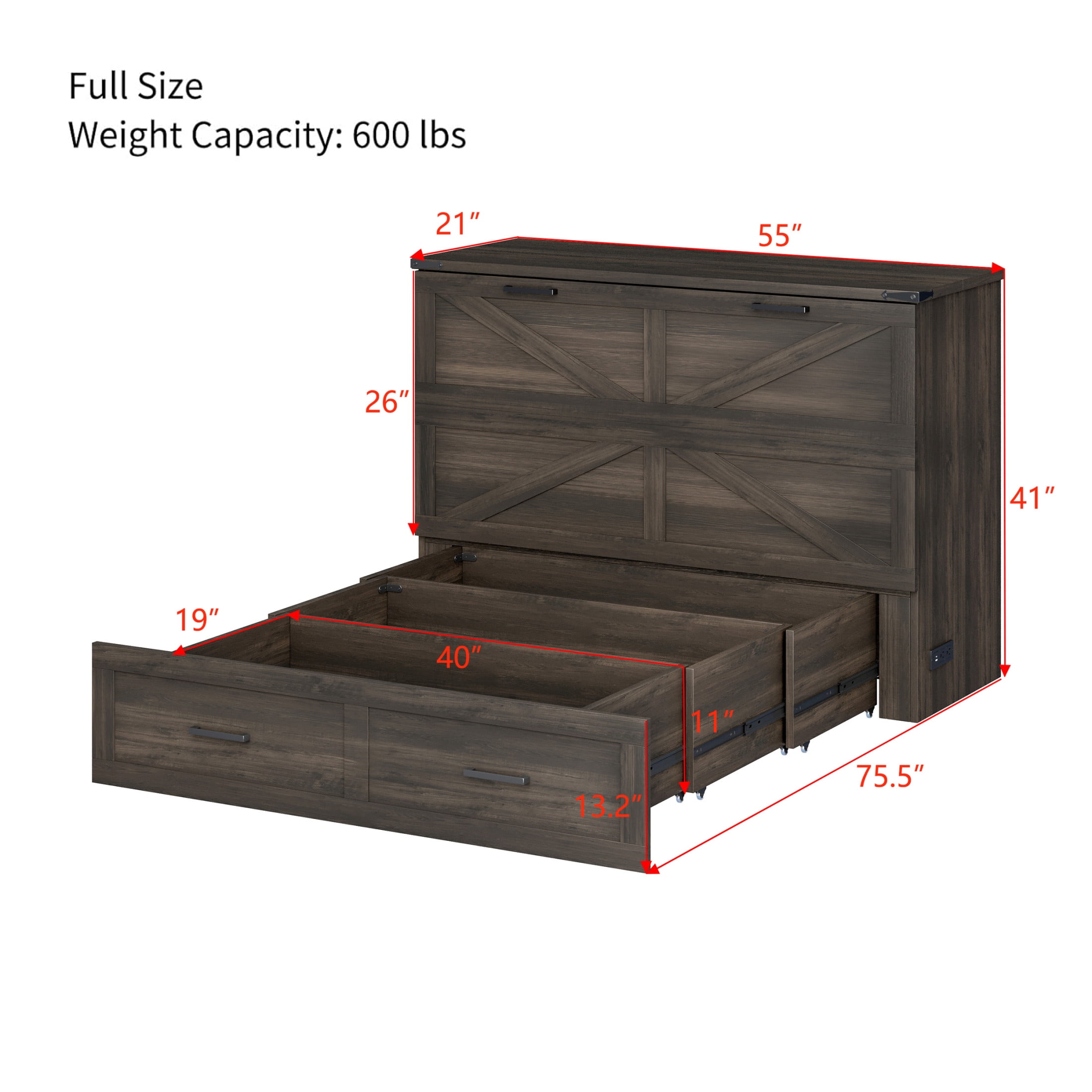 Noble House Full Size Farmhouse Murphy Cabinet Bed with Charging Station and Storage Drawer, Foldable Platform Bed,Gray
