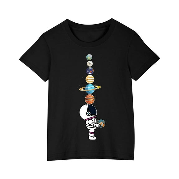 AJTQTH Planets Print Tshirts for Girls Boys Short Sleeve Round Neck Tops Kids Unisex Cotton Lightweight Tees Shirts Blouses Clothes Outfits for Summer Black 7 Years