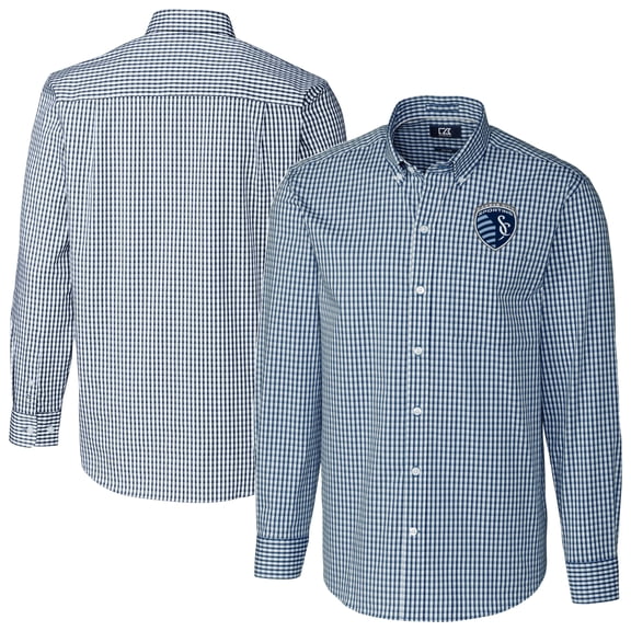 Men's Cutter & Buck Navy Sporting Kansas City Big & Tall Big & Tall Easy Care Stretch Gingham Long Sleeve Dress Shirt