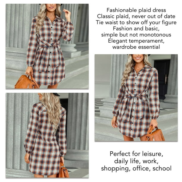 Women Plaid Dress, Charming Single Breasted Long Sleeve Dress Breathable  Comfortable For Shopping For Work Red,Blue,Orange 