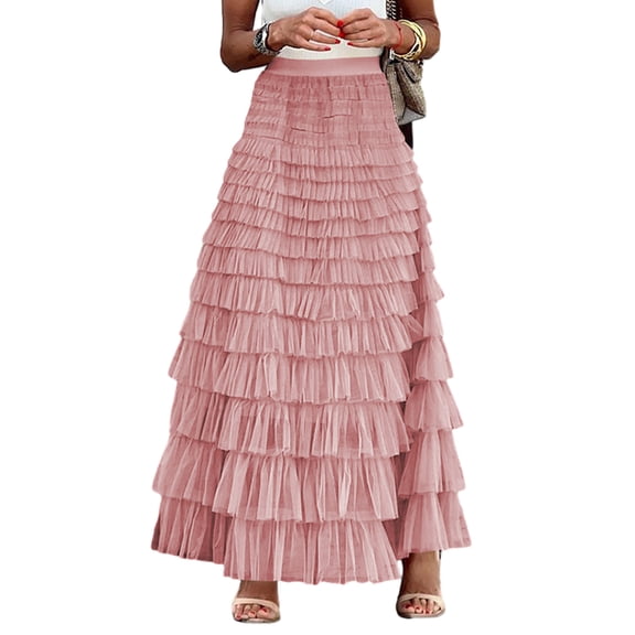 Womens Multilayer Ruffle Tulle Skirt Sweet Pleated Highs Waist Maxi Skirt Fairys Cake Dress Long Tutus Party Skirt Gifts