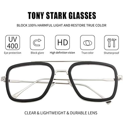 Tony Stark Polarized Sunglasses for Men Women Vintage Square Metal Frame Iron Man and Spider-Man Eyeglasses (Black Silver Frame Clear Lens) Kursan Kursan