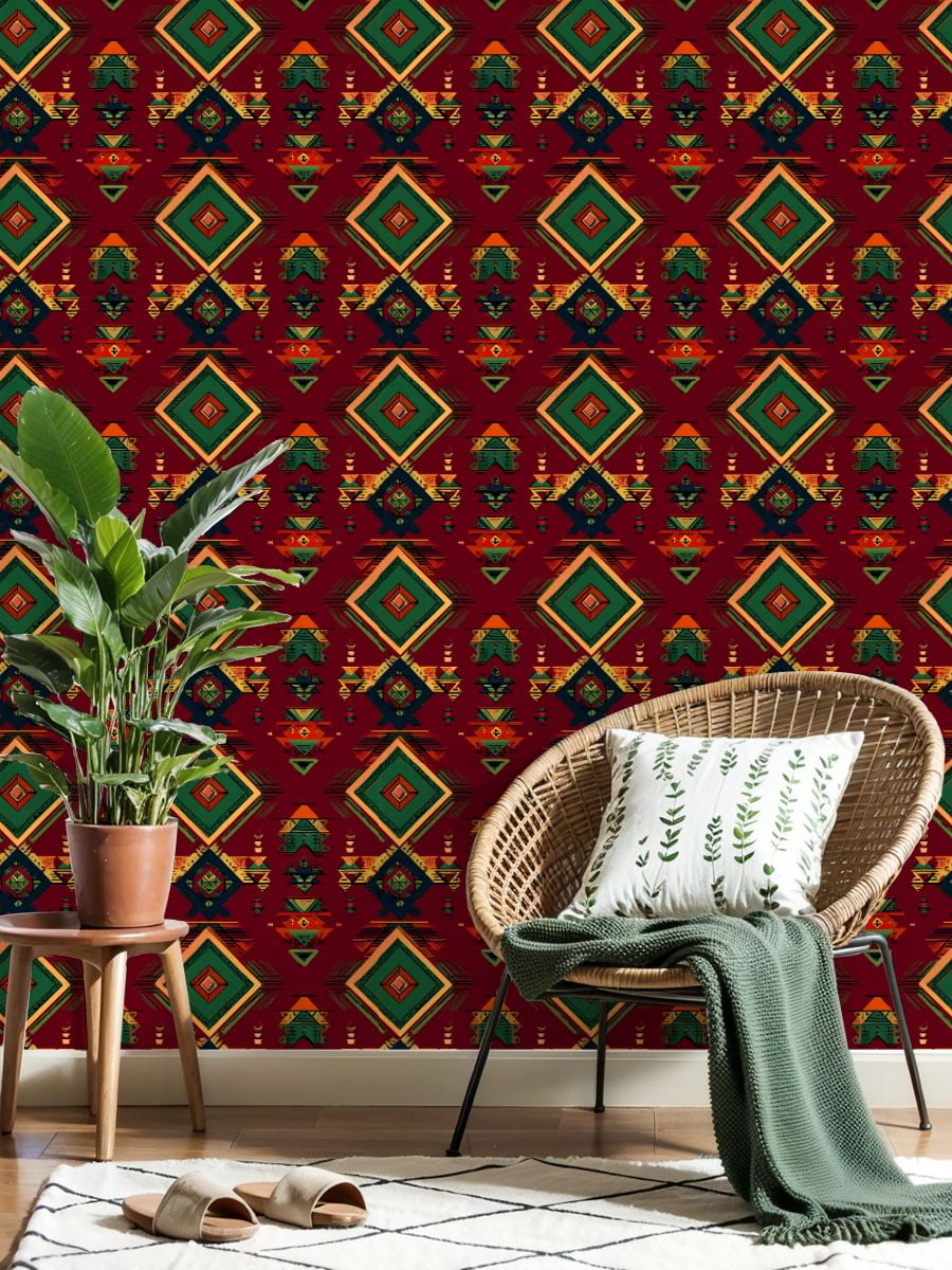Peel and Stick Wallpaper Geometric Abstract Diamonds Triangles Bold Red Green Tone Wall Mural 23.6in x 9.8ft Self Adhesive Removable Wall Paper Renter Friendly Wallpaper for Nursery Bedroom Cabinets