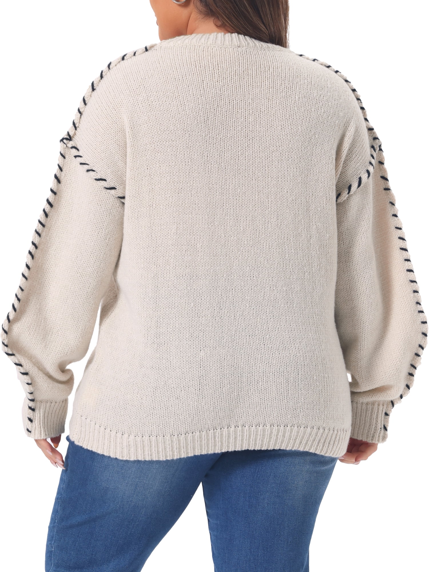 DARING DIVA Women's Plus Round Neck Long Sleeve Knit Pullover Sweater L White
