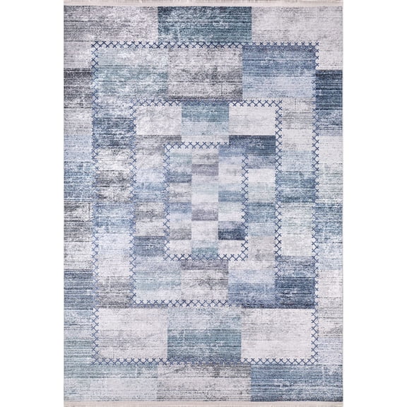 Cengdu Blue Patchwork Polyester Area Rugs for Living Room Washable Rugs Boho Moroccan Area Rug Soft Geometric Bohemian Distressed Indoor Rug for Bedroom Dining Room Office Foldable Nonslip Rug