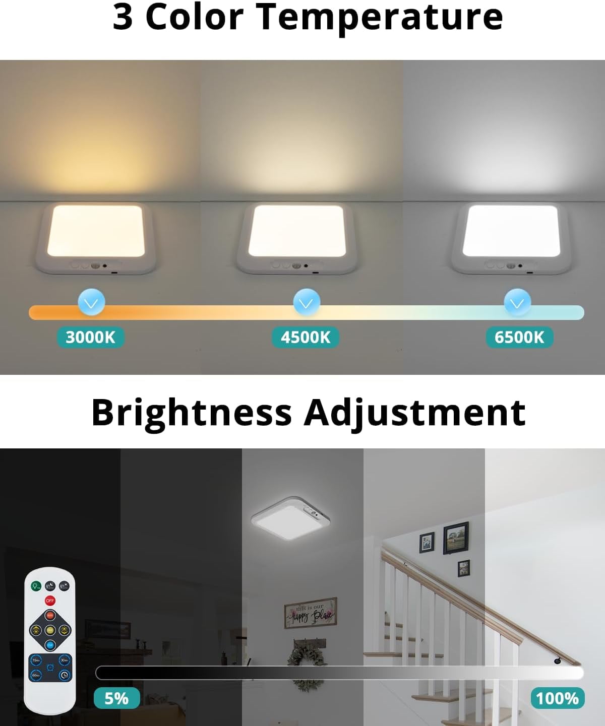 Ceiling Light Rechargeable, Wireless Motion Sensor Light with Remote 3000K 4500K 6500K Dimmable Timing for Closet, Shower, Hallway, Patio,1pcs