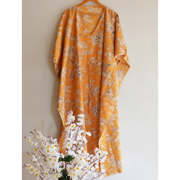 Floral Printed Cotton Fabric Indian Kaftan Dress Long Top Caftan, Dress Beach Wear Cover up, Printed Sleepwear Maxi Dress Boho Kimono Robe