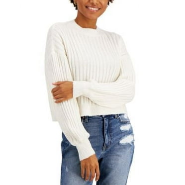 Hooked Up by Iot Juniors’ Fluffy Rib-Knit Cropped Sweater, Spiritual Vanilla, Small