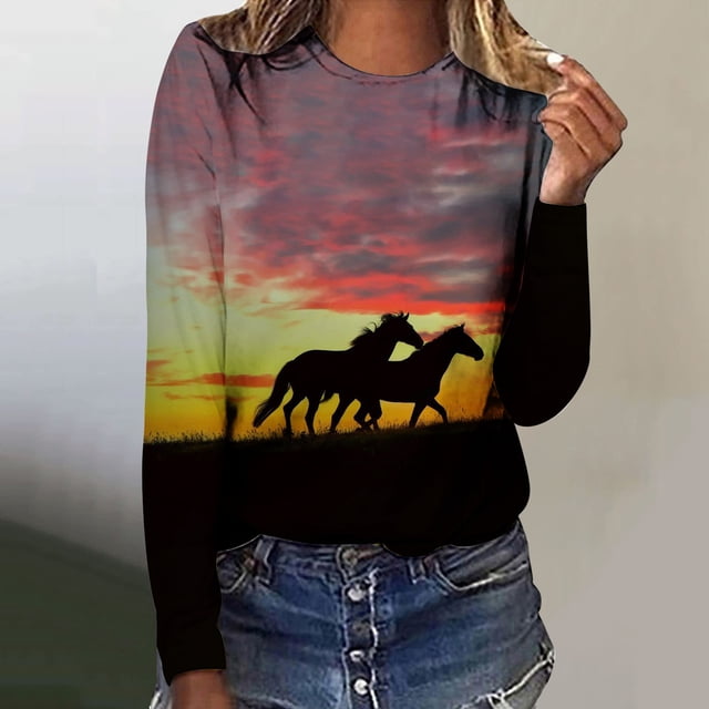 Fartey Chemises à Manches Longues Imprimé Cheval Mode pour Femmes Chandails en Molleton Légers et Confortables Col Rond Hauts de Voyage Décontractés et Élégants