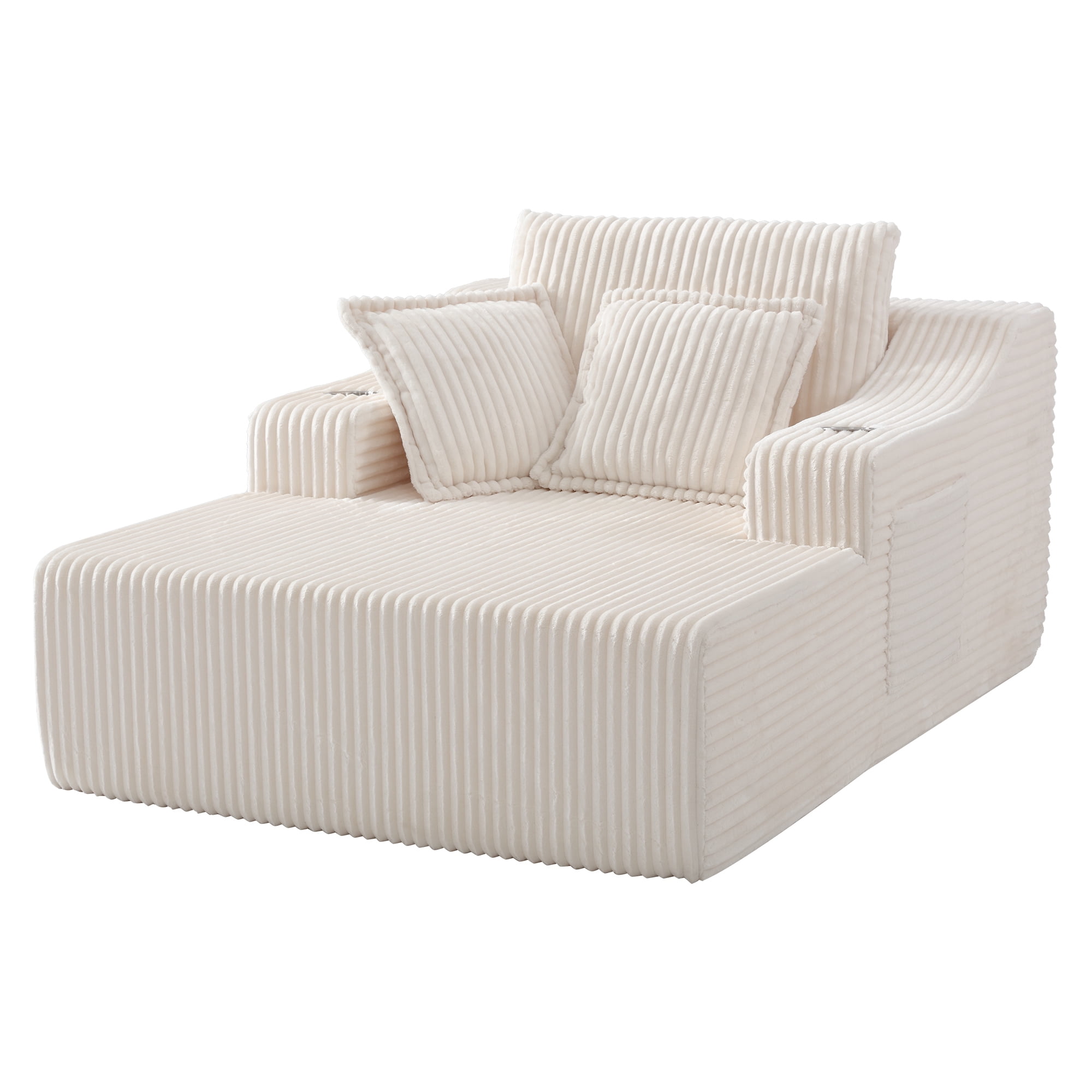 Leumius Oversized Chaise Lounge Chair Indoor,67'' Faux Fur Upholstered Boneless Sofa Bed,Deep Seat Sleeper Cloud Sofa with Cup Holders & 3 Pillows for Living Room, No Assembly Required,White
