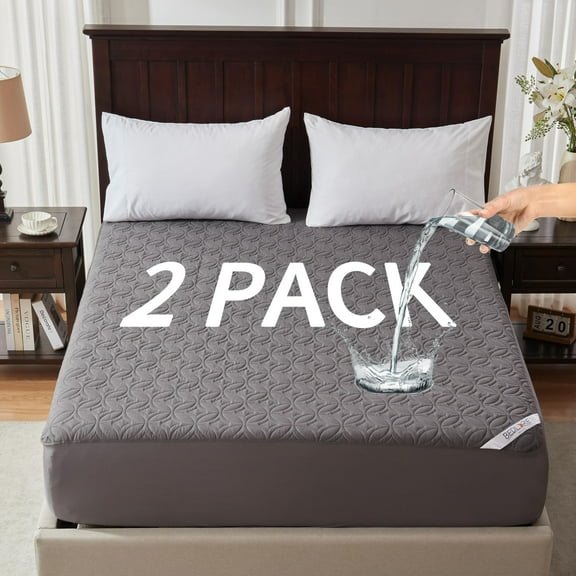 Breathable Waterproof Mattress Protector Full Size 2 Pack, Noiseless Microfiber Cover with 360° Elastic Skirt, Fits 6-15 Inch Mattress, Gray