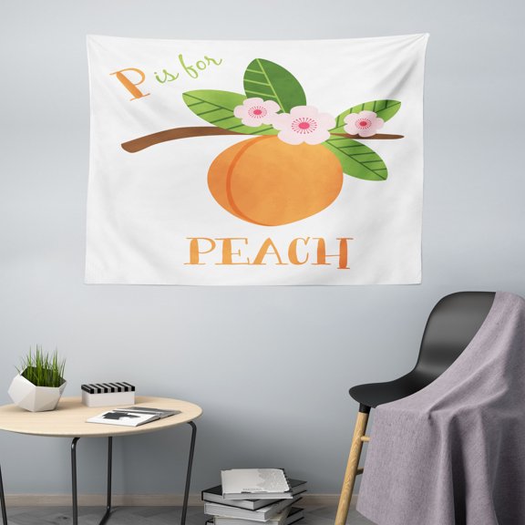 Peach Tapestry, Alphabet Learning Themed Cartoon with P is for Peach Text and Fruit, Fabric Wall Hanging Decor for Bedroom Living Room Dorm, 5 Sizes, Apricot Olive Green, by Ambesonne