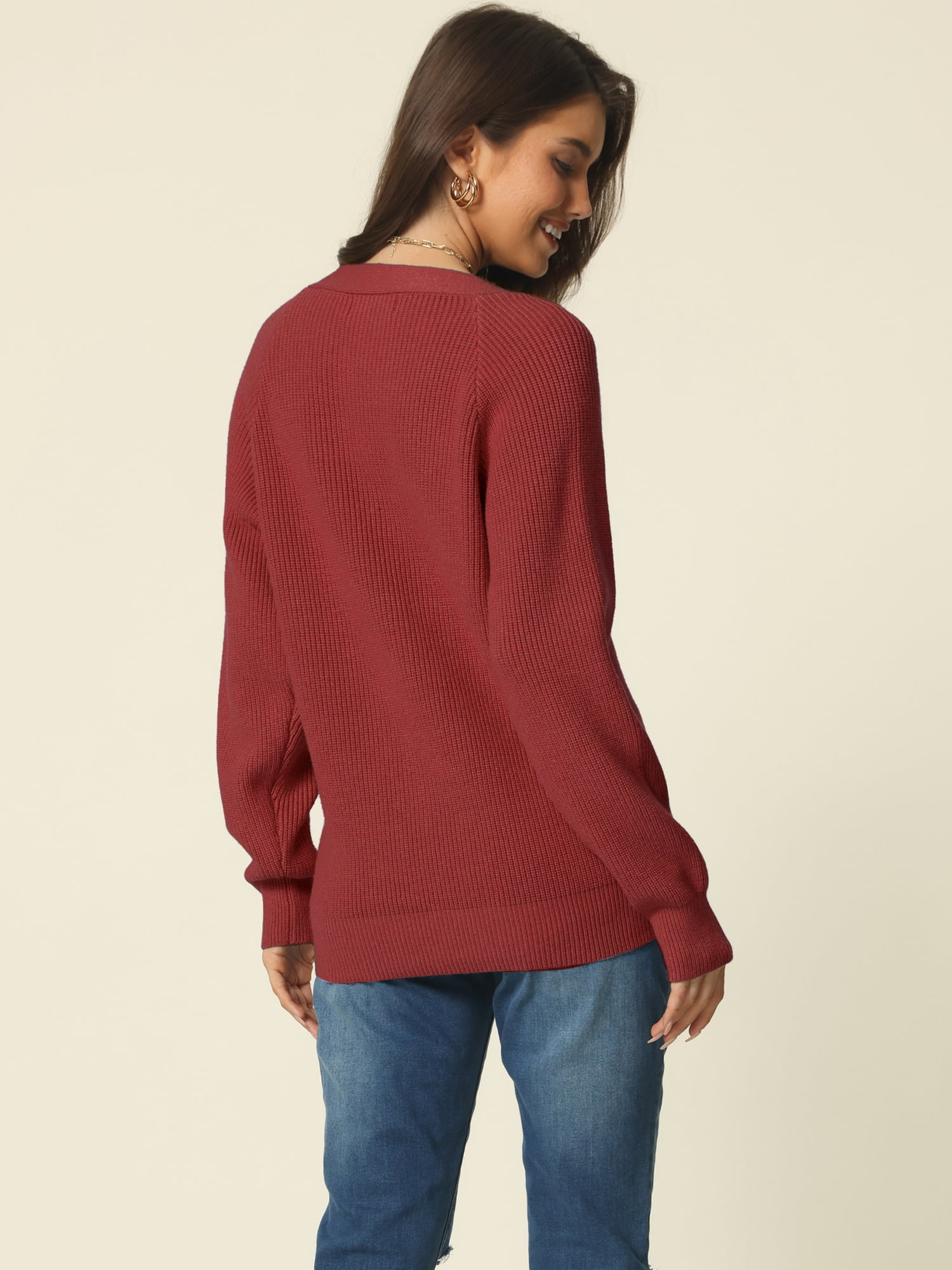 Women's V Neck Button Up Long Sleeve Ribbed Knit Loose Chunky Warm Pullover Sweater Top L Wine Red