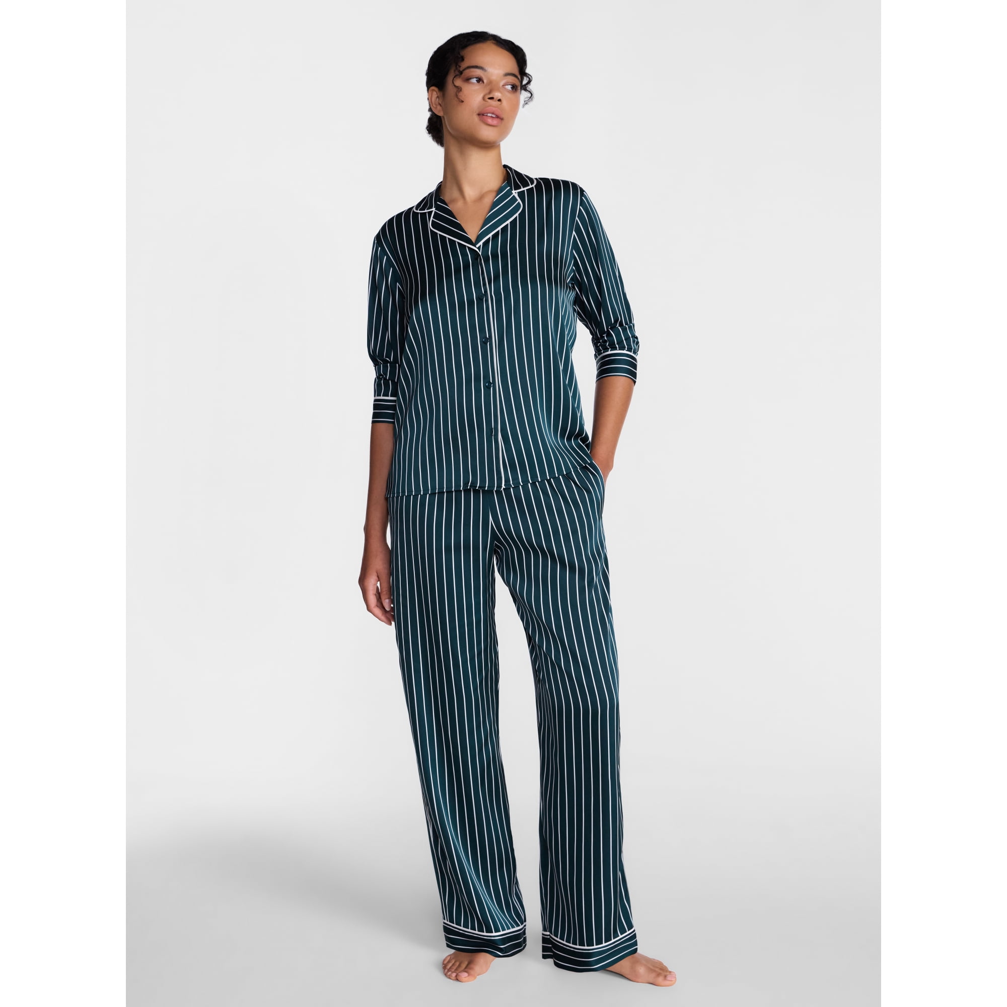 Joyspun Women’s Stretch Satin Sleep Top and Pants, 2-Piece Set, Sizes XS to 3X